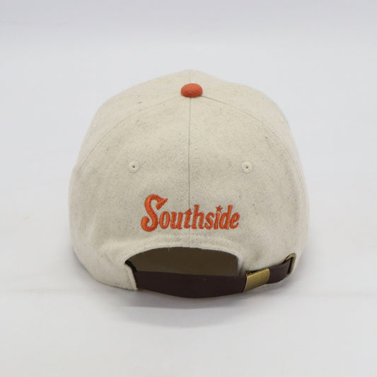 Southside Golf Co wool golf hat back view with leather strap and embroidered Southside logo
