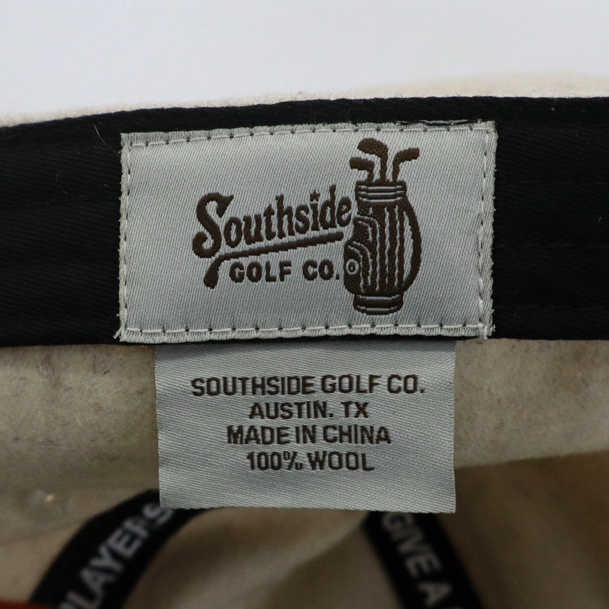Southside Golf Co heritage golf hat label showing Austin TX branding and 100 percent wool material