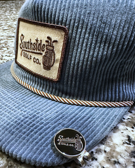 Southside Golf Co engraved ball marker and magnetic hat clip on corduroy golf hat