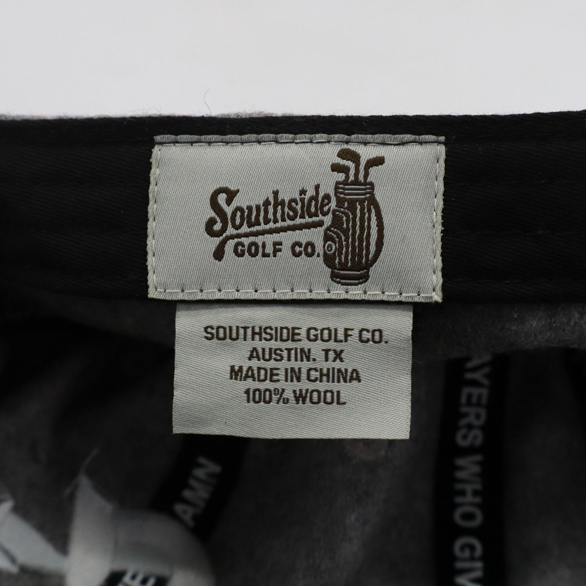 Southside Golf Co heritage golf hat label showing Austin Texas branding and 100 percent wool material