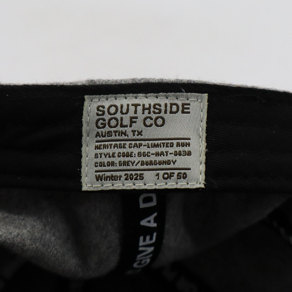 Limited release Southside Golf Co heritage golf hat tag showing style code and numbered production run