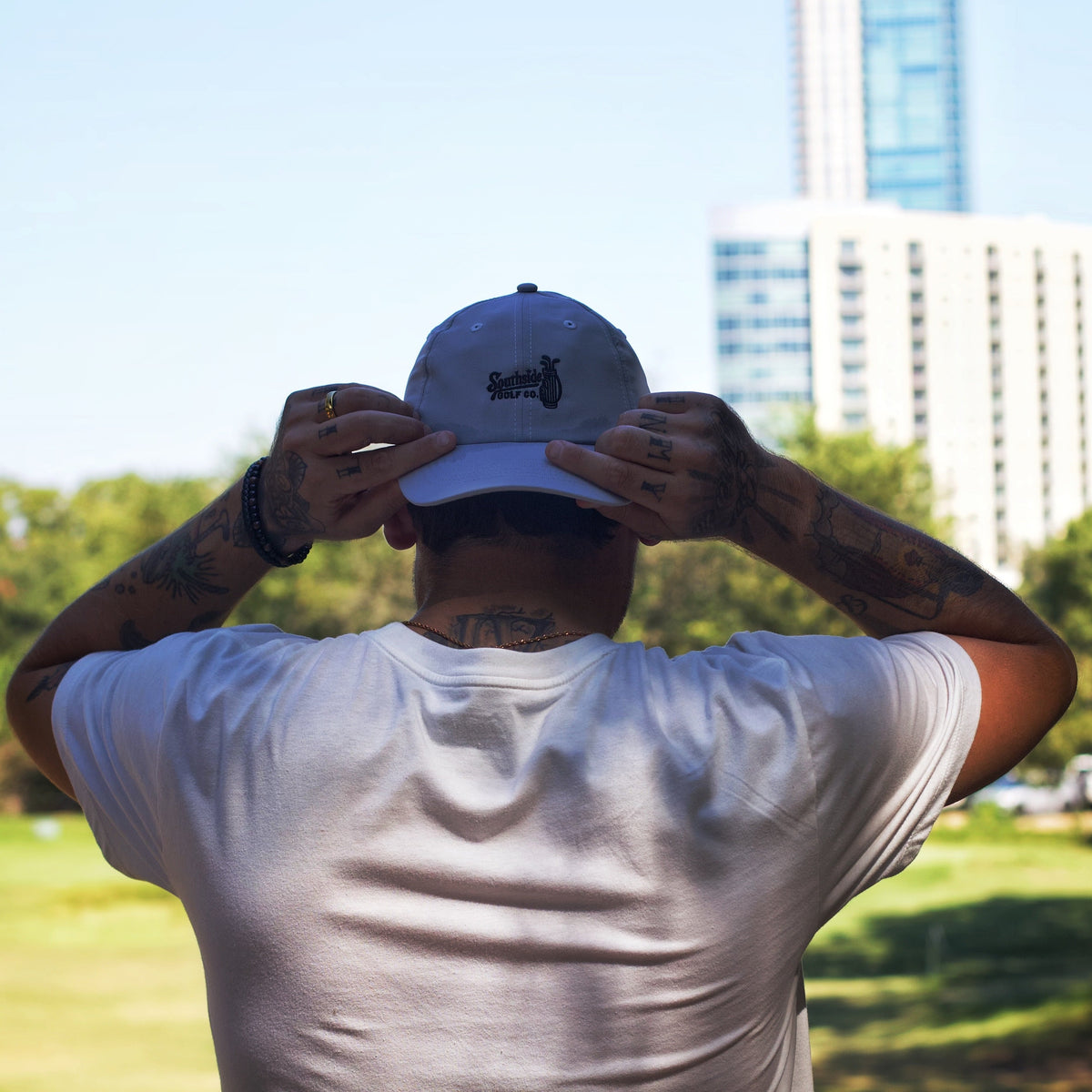 Southside Golf Co hat at Butler Pitch and Putt Austin Texas lifestyle golf scene