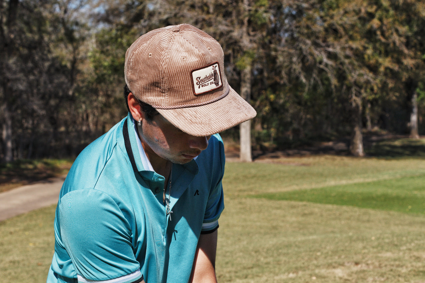 On-course wear test of the Southside Golf Co Heritage corduroy 5-panel hat at Lost Pines Golf Club