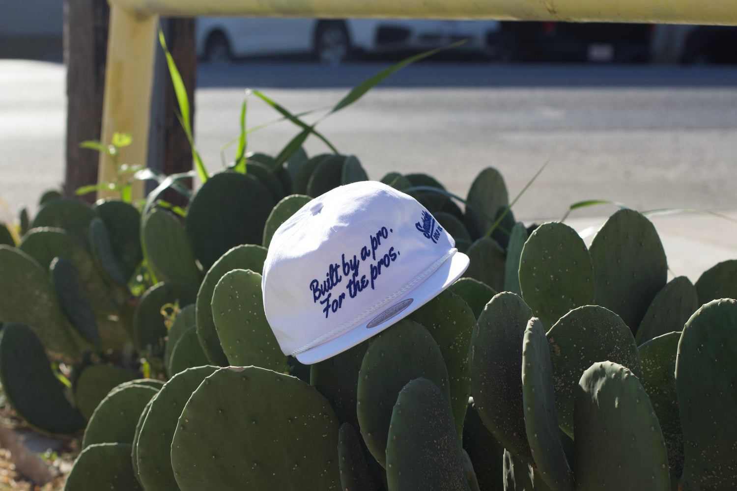white flat brim golf snapback hat southside golf co cactus austin texas