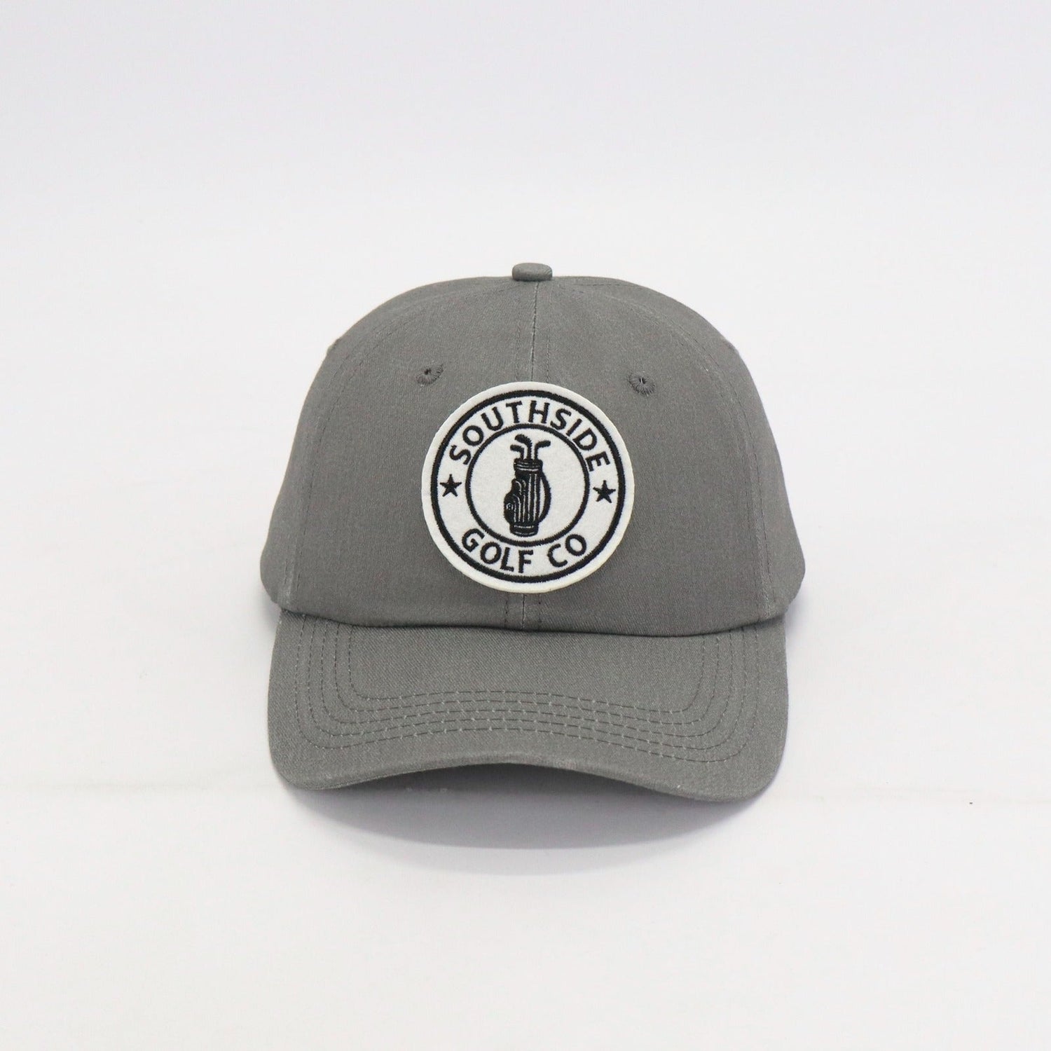 Southside Golf Co golf dad hat in gray – unstructured golf hat for everyday wear on white background