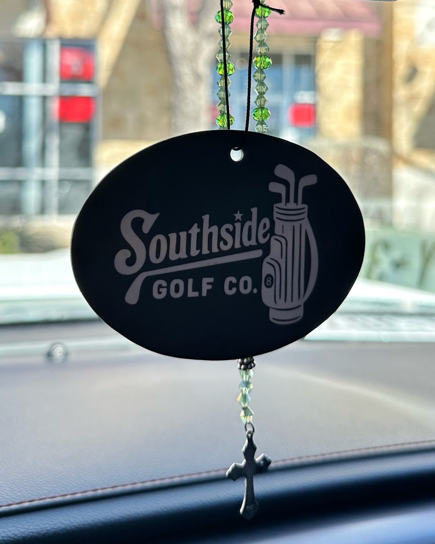 Southside Golf Co car air freshener hanging from rearview mirror