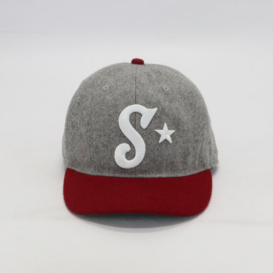 Southside Golf Co grey and burgundy heritage golf hat with embroidered S logo, premium wool cap