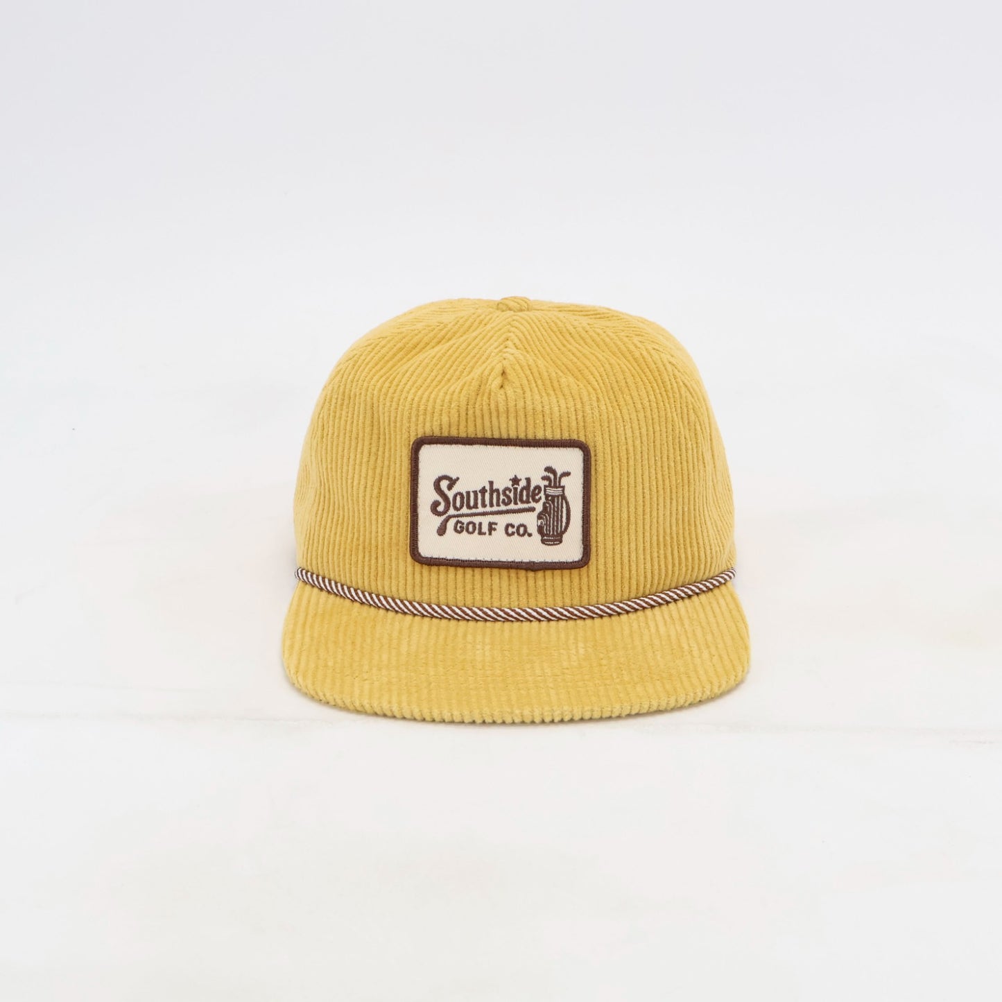 Golden Hour yellow corduroy golf hat with brown rope and Southside Golf Co woven patch
