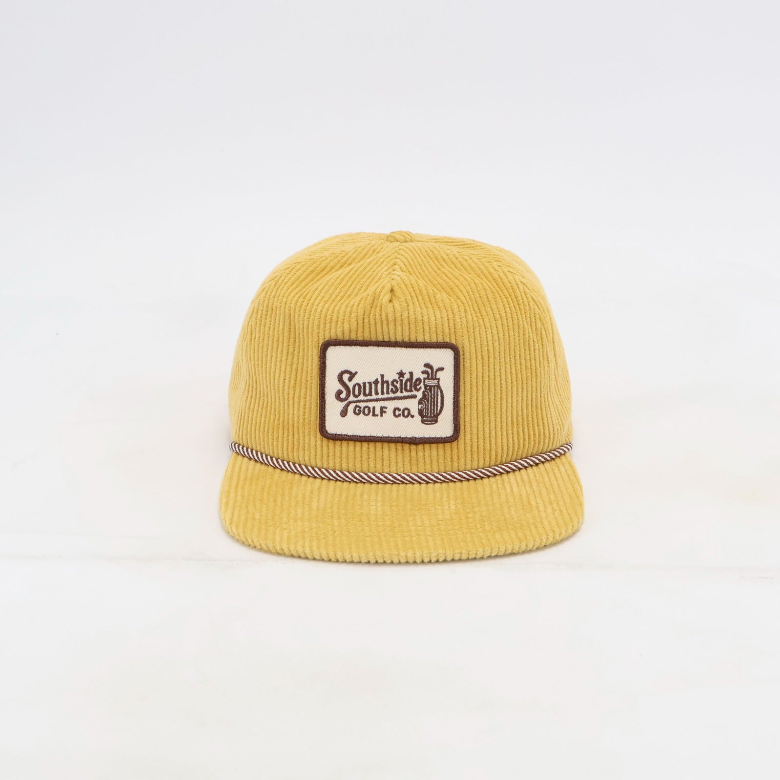 Golden Hour yellow corduroy golf hat with brown rope and Southside Golf Co woven patch