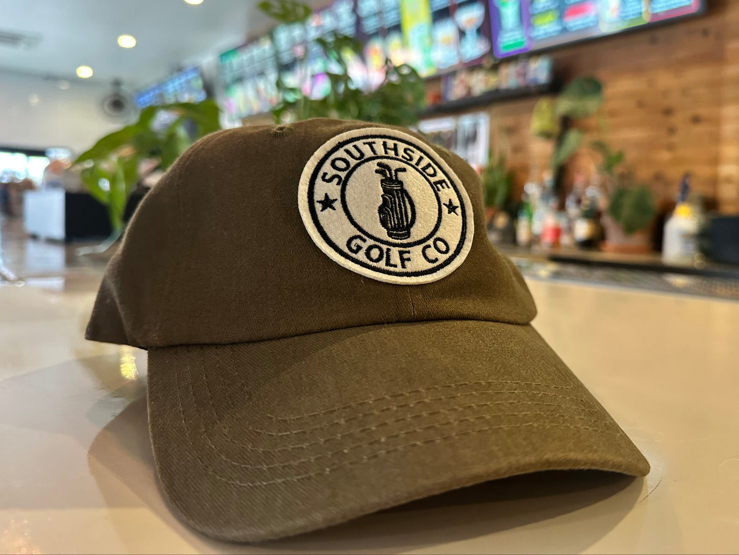 Southside Golf Co Dad Hat olive green and big felt patch. 