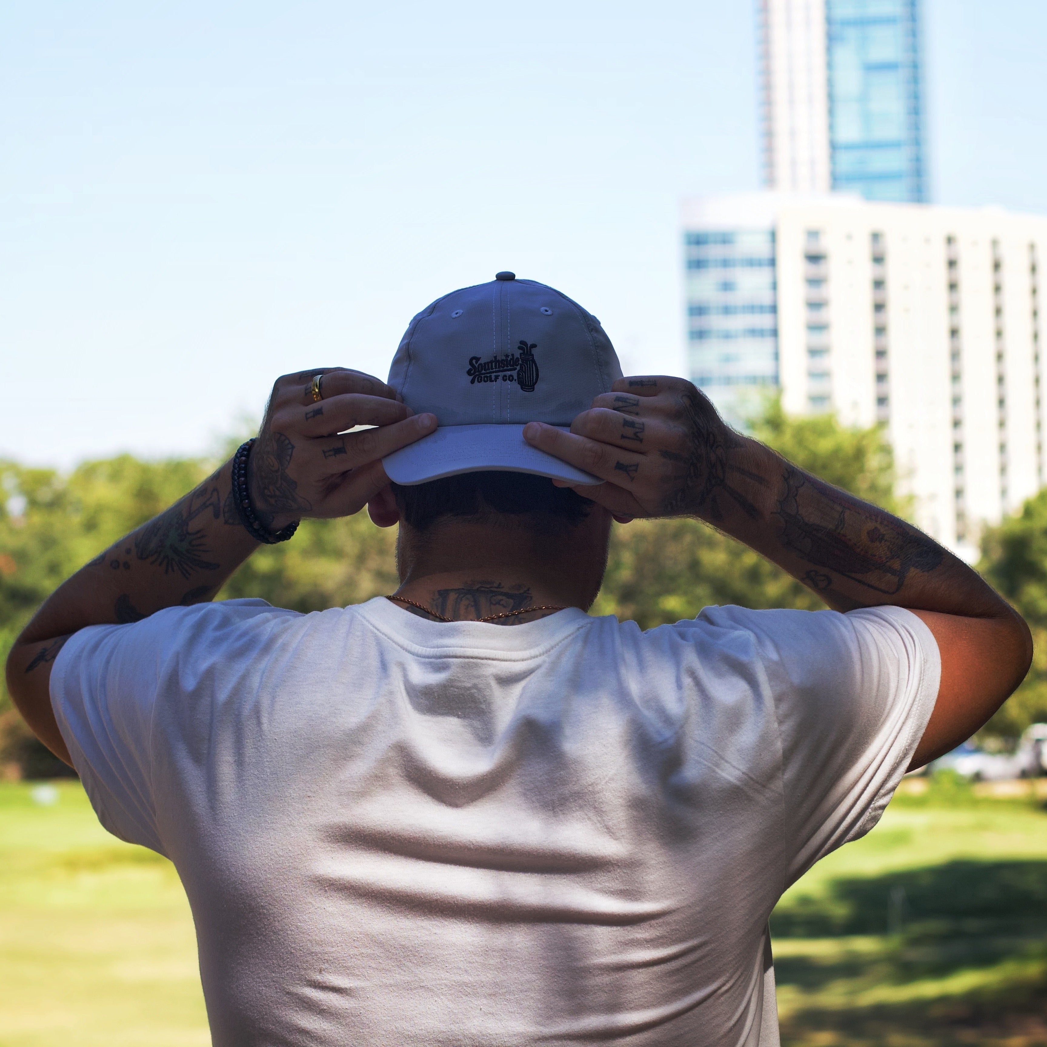 Southside Golf Co hat at Butler Pitch and Putt Austin Texas lifestyle golf scene