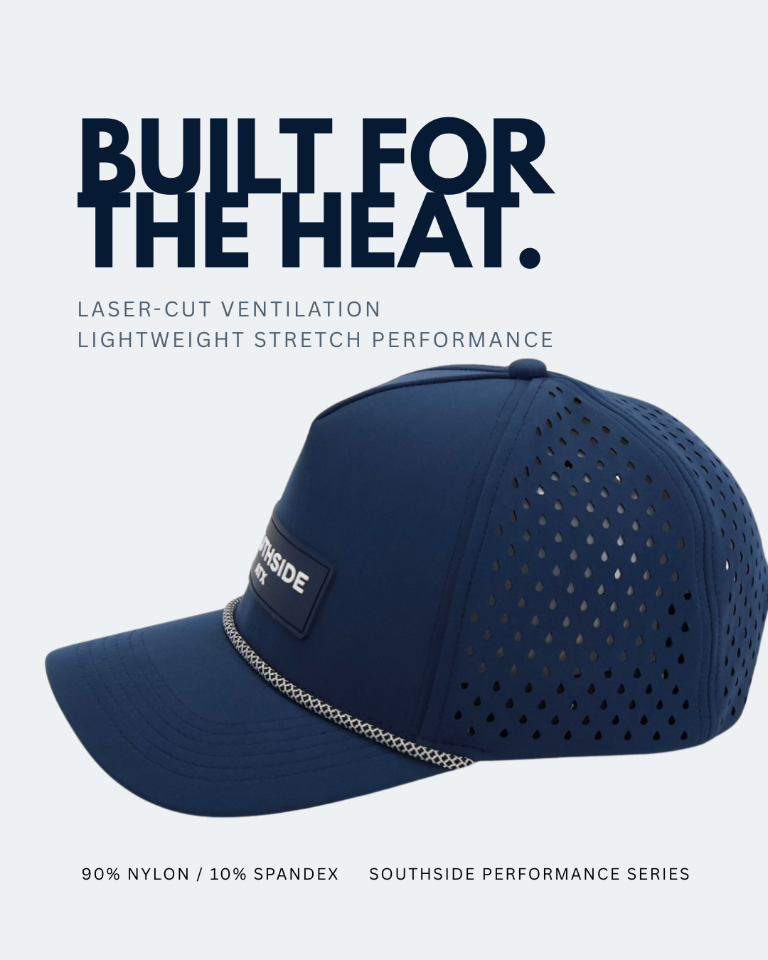 Side view of the Midnight Navy Performance Rope Cap showing laser-cut ventilation and lightweight stretch fabric.