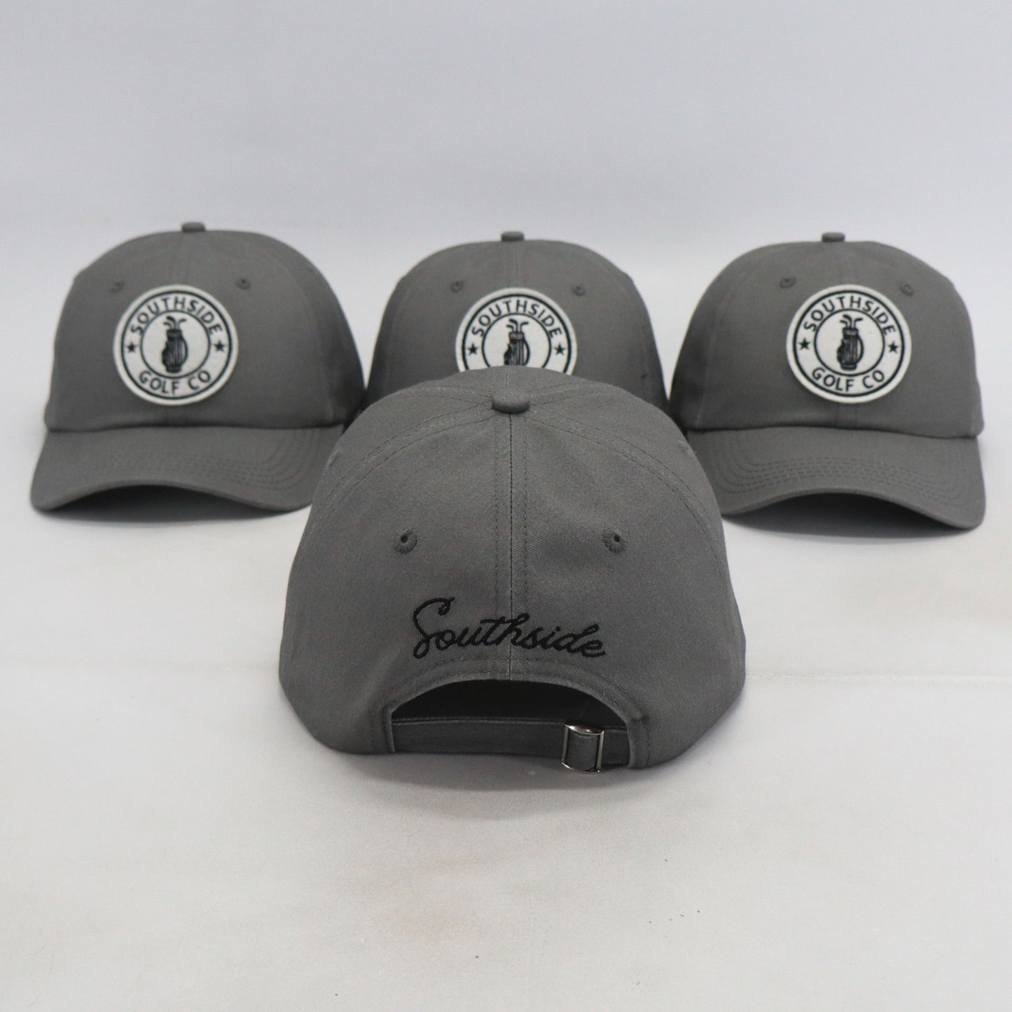 Southside Golf Co gray dad hat rear view showing embroidered ‘Southside’ script and adjustable strap on white background.