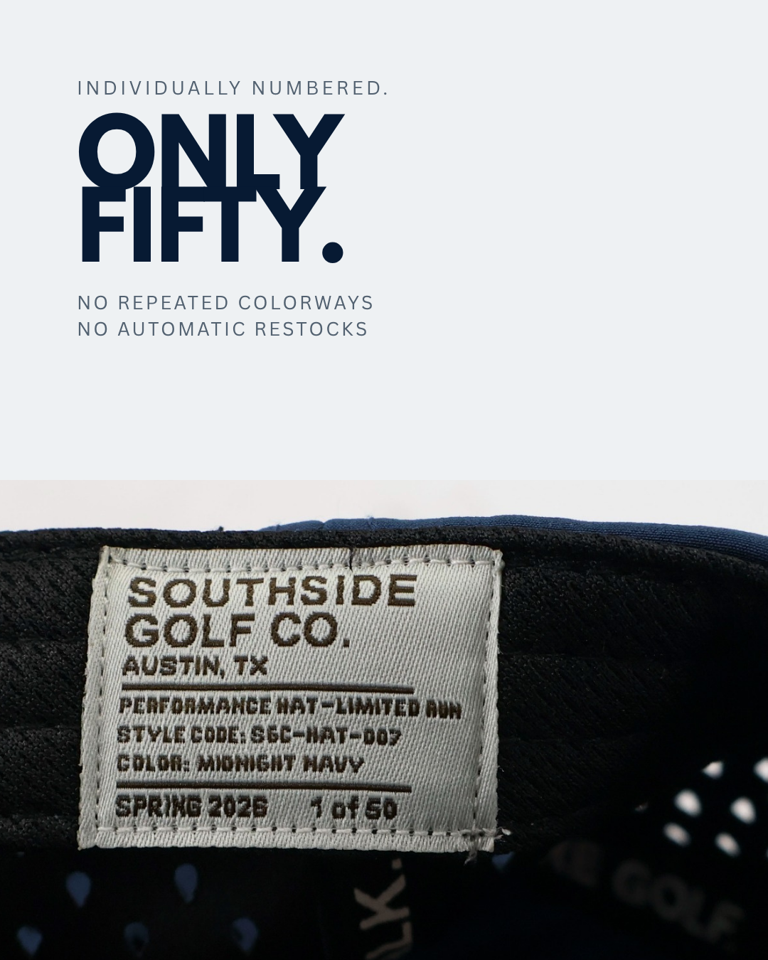 Close-up of the individually numbered Southside Golf Co label inside the limited-run Midnight Navy Performance Rope Cap.