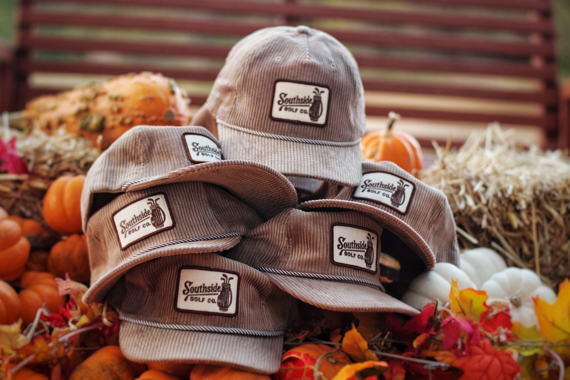 Stack of Southside Golf Co Heritage corduroy 5-panel hats showing limited-edition quantity, premium corduroy fabric, and stitched logo patches