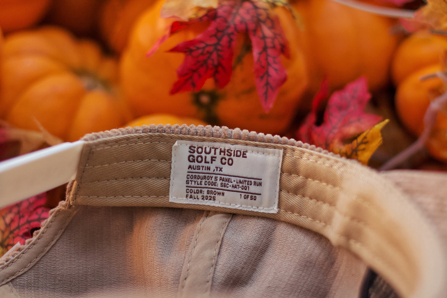 Interior label showing the limited-run numbering of the Southside Golf Co Heritage corduroy 5-panel hat