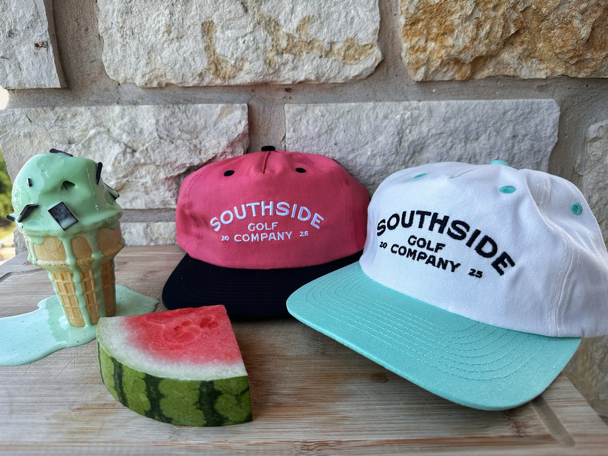 Southside Golf Co Mint Chocolate Chip and Watermelon snapbacks with ice cream and watermelon