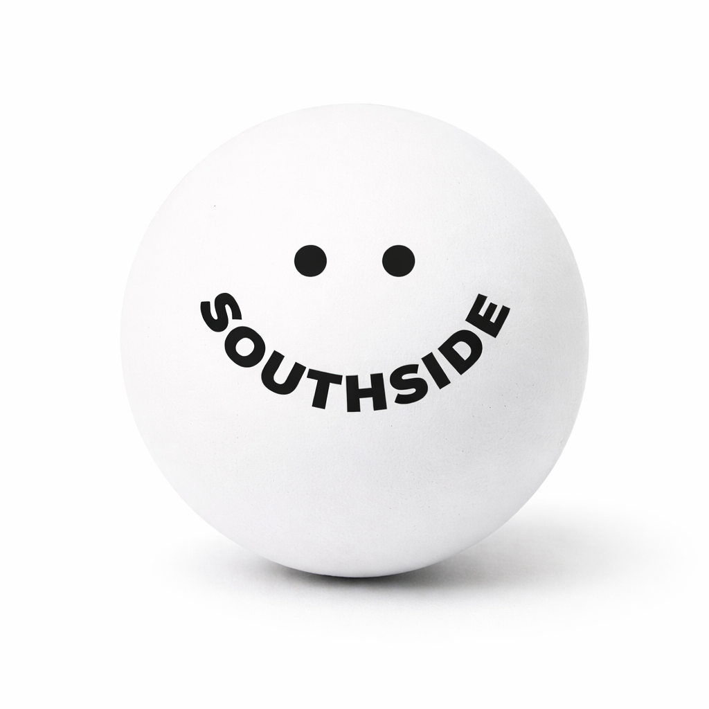 Southside Golf Co white ping pong ball with logo on white background.