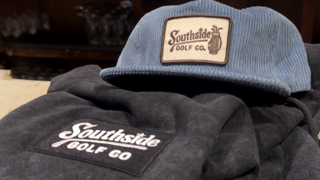 Southside Golf Co prototype heavyweight hoodie and blue corduroy hat
