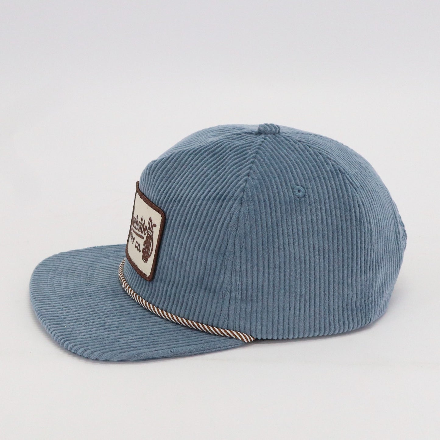 blue 5 panel corduroy golf hat side angle premium design