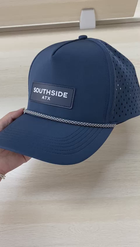 Video of Southside Golf Co navy golf hat minimalist logo structured fit premium design