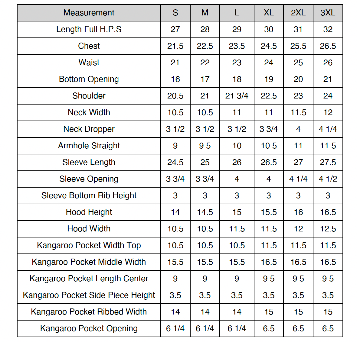 Size chart for Southside Golf Co mineral wash heavyweight hoodie
