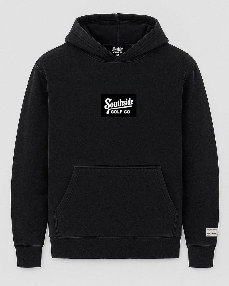 Black Southside Golf Co hoodie with embroidered chest logo premium golf streetwear apparel
